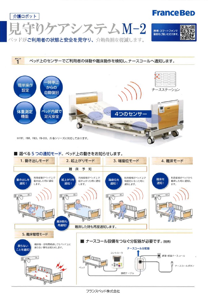 【介護ロボット】　見守りケアシステム　M-2 ベットがご利用者の状態と安全を見守り、介護負担を軽減します。